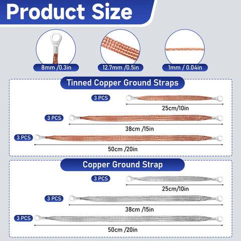 18 Piece Ground Strap Kit For Cars With 10 15 And 20 Inch Cables Braided Copper Tinned Copper Engine Grounding Cables