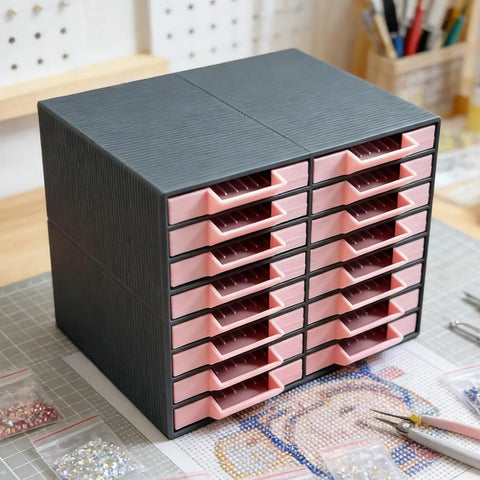 All-In-One 16-Drawer Diamond Art Tray Organizer Rack for Diamond Painting Supplies, black storage rack with pink drawers
