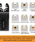 Oscillating saw blade kit, black blade with ruler scale; grid shows tool-brand compatibility Ryobi Worx Makita.