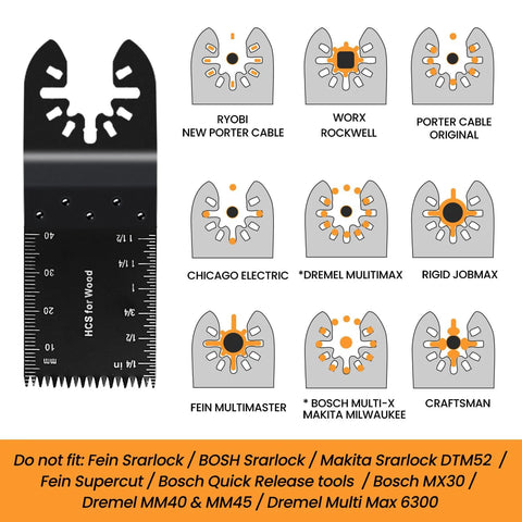 Oscillating saw blade kit, black blade with ruler scale; grid shows tool-brand compatibility Ryobi Worx Makita.