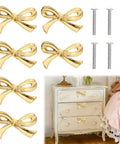 Gold Bow Cabinet Knob Set For Dresser And Cabinets, 6 Pack with screws, shown on bedroom dresser, vintage brass finish