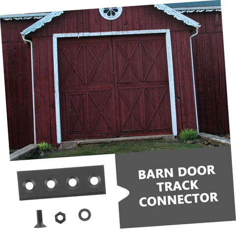 Sliding Barn Door Track Connector Kit With Metal Flat Mending Plate Set shown with barn door in background and track hardware.