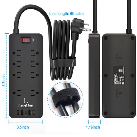 Eight Outlet Power Strip With Five USB Ports Including USB C, Six Foot Flat Plug Surge Protector, 1875 Watts, Black