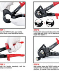 Image showing steps for using Heavy Duty Ratchet Cable Wire Cutter, demonstrating safe operation for electricians.