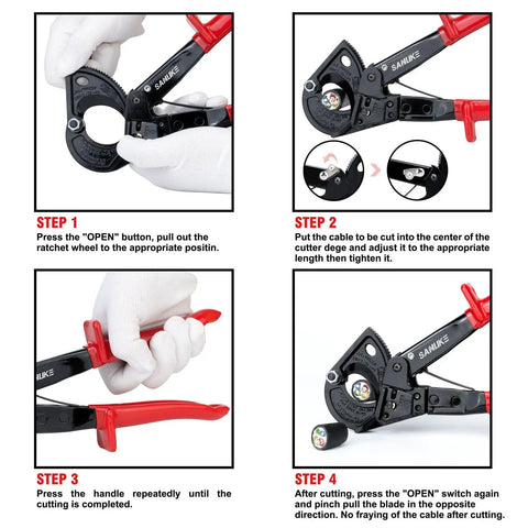 Image showing steps for using Heavy Duty Ratchet Cable Wire Cutter, demonstrating safe operation for electricians.