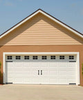 Six Piece Garage Door Magnetic Decorative Hardware Kit Featuring Four Rectangle Hinge Magnets And Two Handles In Black installed on white door