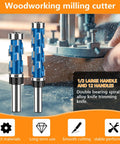 Pro Grade Flush Trim Router Bit Set One Half Inch Shank With Top Bearing Dual Bearing Computer Balanced For Vibration Free Routing Titanium Coated Ground Carbide Rugged Build For Long Life Sharp Edges Pack Of Two displayed with woodworking setup