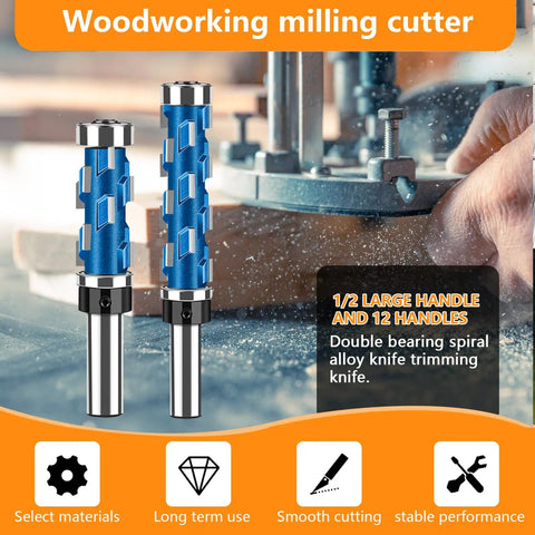 Pro Grade Flush Trim Router Bit Set One Half Inch Shank With Top Bearing Dual Bearing Computer Balanced For Vibration Free Routing Titanium Coated Ground Carbide Rugged Build For Long Life Sharp Edges Pack Of Two displayed with woodworking setup
