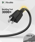 Close-up of a 25 Ft Outdoor Extension Cord With Three Outlets, 14 Gauge SJTW Weatherproof, showcasing flexible plug and bending resilience.