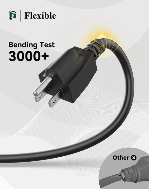 Close-up of a 25 Ft Outdoor Extension Cord With Three Outlets, 14 Gauge SJTW Weatherproof, showcasing flexible plug and bending resilience.
