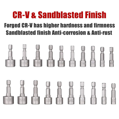 CR-V sandblasted nut driver bits with markings, showcasing durability and corrosion resistance features.