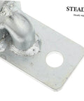 Heavy Duty Wall Mount Fence Gate Hinges For Sturdy Posts And Metal Doors Featuring Four Piece Wall Plate Hardware close-up of silver steel mount with hole.