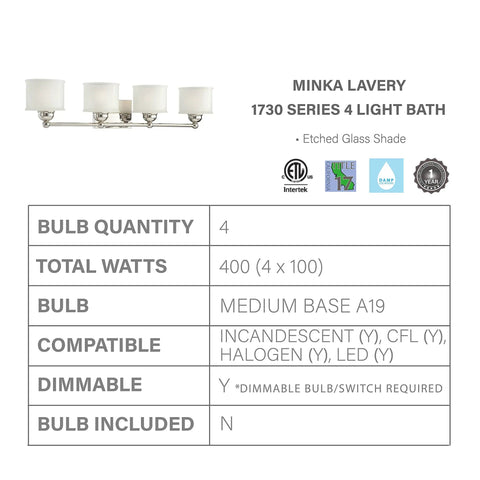 4 Light Bath Vanity Wall Light In Polished Nickel Finish, 32.5 Inch Wide, Reversible 1730 Series Fixture, ETL approved