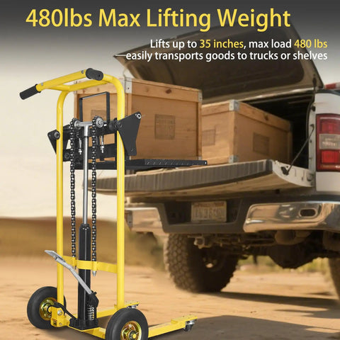 Hydraulic Material Lift Pallet Jack Table Cart With 480 Lb Capacity And 35 Inch Lift Swivel Wheels shown lifting wooden boxes