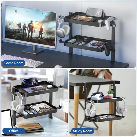 Clamp On Desk Organizer 2 Tier Above Or Under Desk Shelves With Large Capacity Tray Space Saving Phone And Tablet Holder And Headphone Hook No Drilling Desktop Storage For Office And Home in a gaming room and study setup