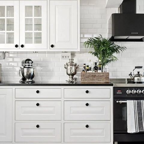 Modern white kitchen with Set Of 18 Black 30mm Cabinet Knobs And Drawer Pulls With Screws For Dressers And Kitchens Durable Matte Finish Easy Install