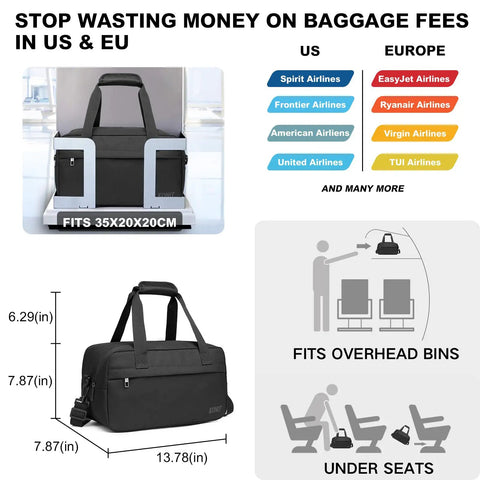 Underseat Carry On Duffle Bag 20L For Plane Travel, fits under seats, overhead bins, black, 15.75 x 9.84 x 7.87 inches size reference.