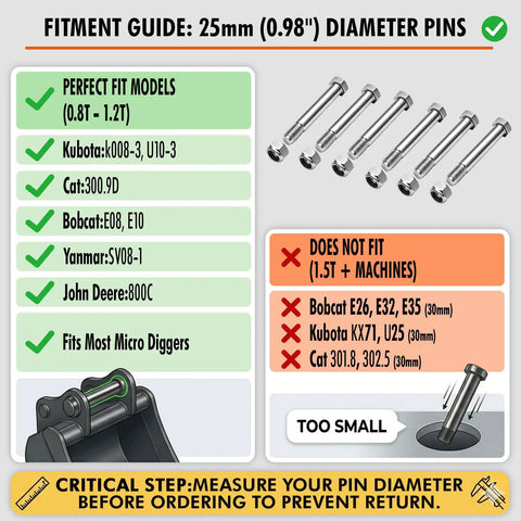 0.98 Inch Mini Excavator Bucket Pins 25mm Grade 10.9 Steel Dual Length Precision Engineering for Precise Fitment in Mini Excavator Linkage Systems for Easy Install and Maximum Durability, 25mm pins shown