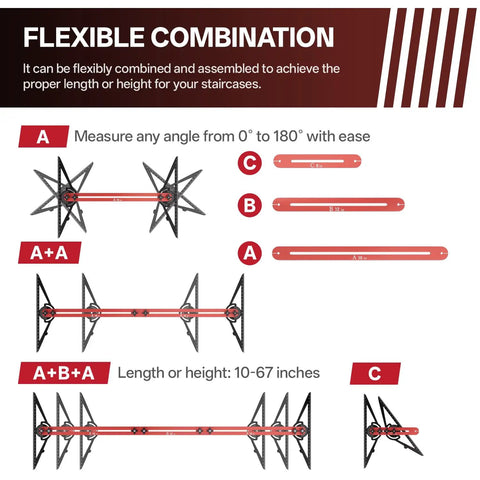 Built Tough Adjustable Aluminum Stair Tread Template Tool And Precision Angle Length Measuring Jig showing flexible assembly options.
