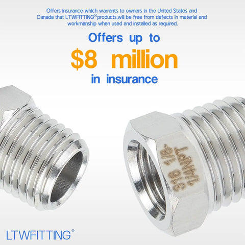 Close-up of Stainless Steel 316 Hex Bushing Reducer Fittings 1/4 Inch Male to 1/8 Inch Female NPT, focus on threading and hex design.