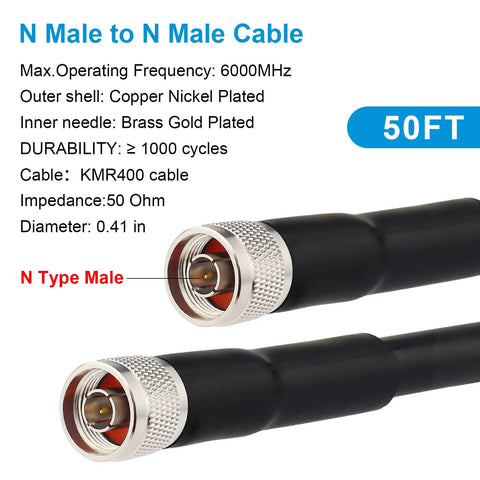 50 Foot N Male to N Male Coax Extension Cable Ultra Low Loss 50 Ohm for Long Range 3G 4G 5G LTE GPS WiFi RF Ham Radio