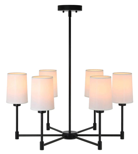 6 Light Chandelier With Fabric Shade In Matte Black Finish Modern Pendant Lighting, adjustable arms, indoor ceiling fixture