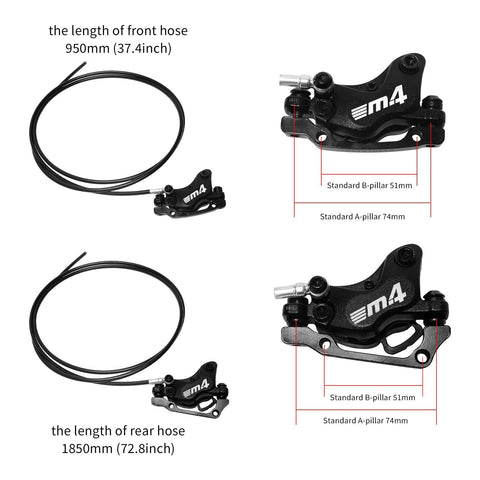 ZTZ 4-piston eBike hydraulic brake set; front 950mm and rear 1850mm hoses, pre-bled, adapters, pair of M4 calipers.
