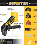 Front view of Synxiter cordless oscillating multi-tool in yellow and black with auxiliary handle and LED light