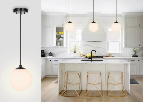 Matte Black Globe Pendant Light 1 Light, Dope Modern Adjustable Hanging Ceiling Fixture For Kitchen Island, White Glass Sphere Shade shown in modern kitchen setting