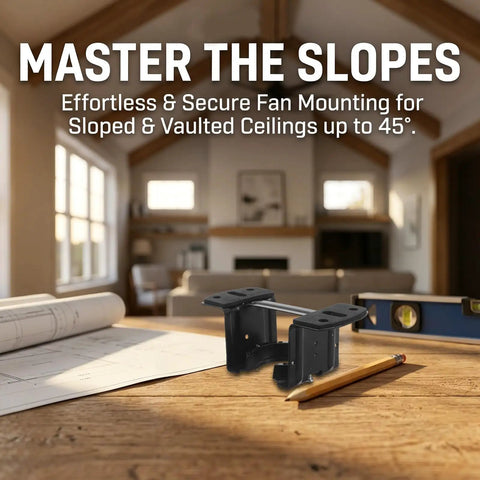 Heavy Duty Steel Ceiling Fan Mounting Bracket For Sloped And Vaulted Ceilings on wooden table with blueprint and pencil