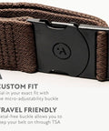 Close-up of Original Unisex Adventure Belt with heavy duty elastic webbing and non-metal buckle, TSA-friendly, medium brown.