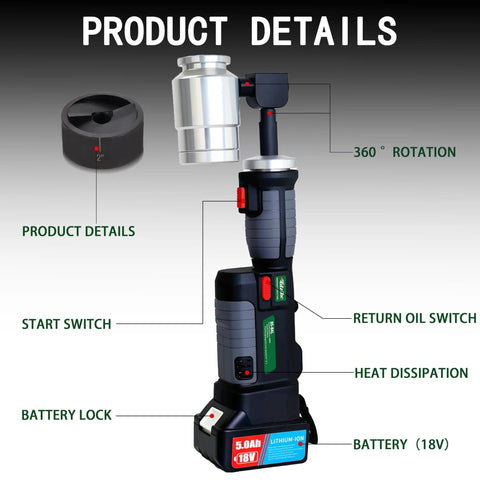 8 Ton Battery Hydraulic Knockout Punch Kit With 360 Degree Rotating Head And Half To Two Inch Punch Dies, product features displayed