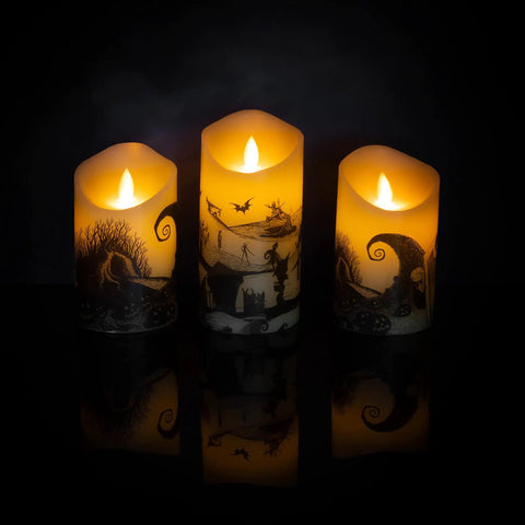 Nightmare Before Christmas LED Flickering Flameless Candles Set Of 3 with Auto Timers and realistic moving flame effects