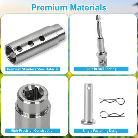 Close-up of Hardcore Stainless Steel Trailer Jack Drill Adapter For One Inch Drive Shaft showing precision construction and built-in ball bearing.