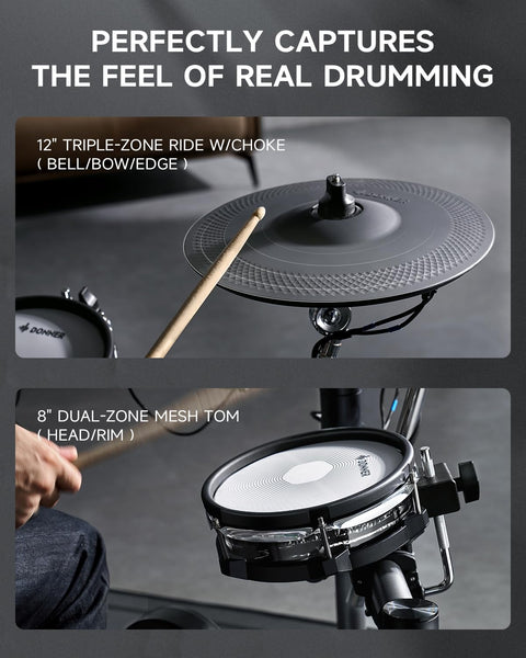 Person playing Beat Electronic Drum Set With Quiet Mesh Pads And 12 Inch Cymbals With Choke, 100 Kits And 1100 Plus Sounds