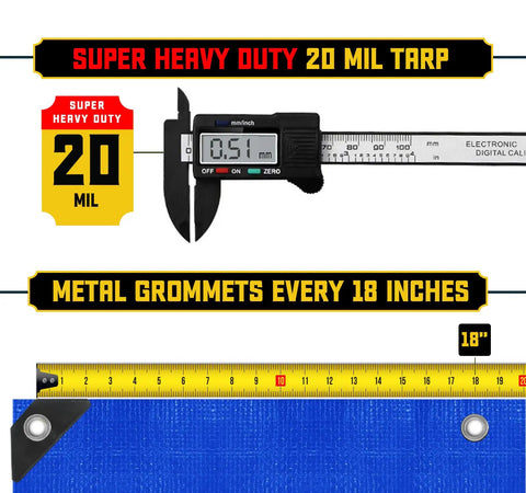 Close-up of Beefy Heavy Duty 20 Mil Tarp with electronic caliper measuring thickness and metal grommets every 18 inches.