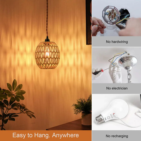 Homebody Essential Plug In Pendant Light Featuring Hand Woven Rattan And Wicker Egg Shade With 15 Ft Cord, warm glow in a cozy setting.
