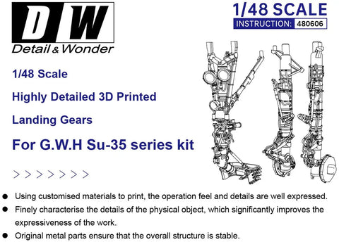 Su-35 Flanker Landing Gear 1 By 48 Scale Detail Up Parts For Great Wall Hobby Kit 3D Printed Upgrade With Metal Stiffening Shafts Model DWO480606 blueprint