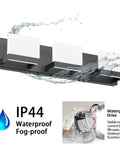 Three Light Black Dimmable LED Vanity Light For Bathroom Up And Down Wall Fixture Over Mirror With Frosted Acrylic Shade 6000K Cool White Dope Modern Hardwired showcasing IP44 waterproof rating demonstration.