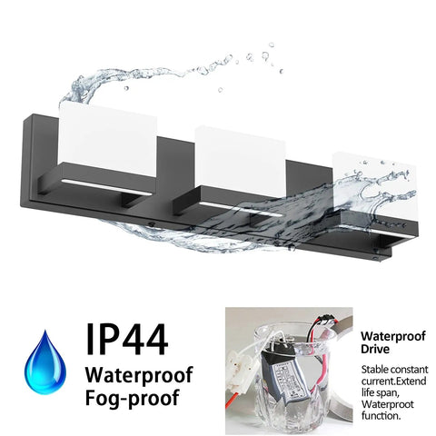 Three Light Black Dimmable LED Vanity Light For Bathroom Up And Down Wall Fixture Over Mirror With Frosted Acrylic Shade 6000K Cool White Dope Modern Hardwired showcasing IP44 waterproof rating demonstration.