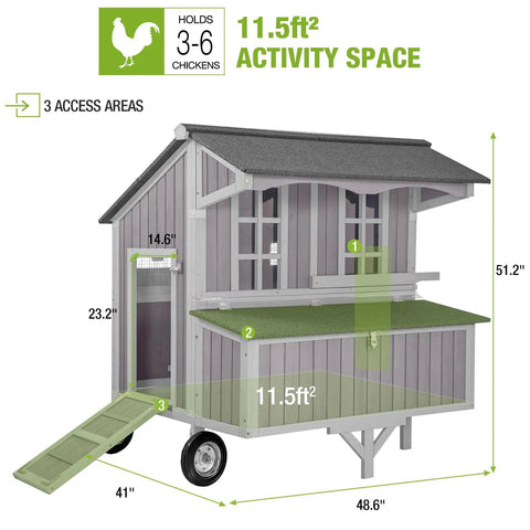 Diagram of Portable Wooden Chicken Coop On Wheels For Backyard Flock Of 6 With 3 Perches And 3 Nesting Boxes, Spacious 11.5 Sq Ft Living Area