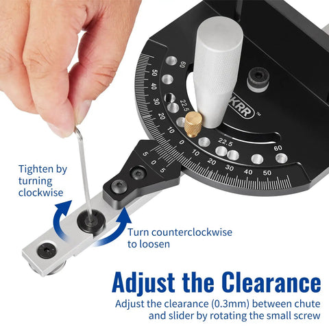 Close-up of adjusting clearance on Beefy Aluminum Miter Gauge For Table Saw With Telescoping 20 To 36 Inches Fence, black and silver