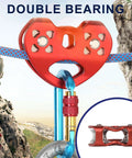 Zipline Pulley 25KN Aluminum Alloy Trolley With Stainless Steel Bearings, red color, attached to blue rope in outdoor setting