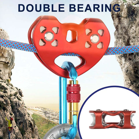 Zipline Pulley 25KN Aluminum Alloy Trolley With Stainless Steel Bearings, red color, attached to blue rope in outdoor setting