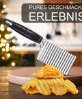 Crinkle cutter with black handle and ridged stainless steel blade for slicing potatoes and vegetables