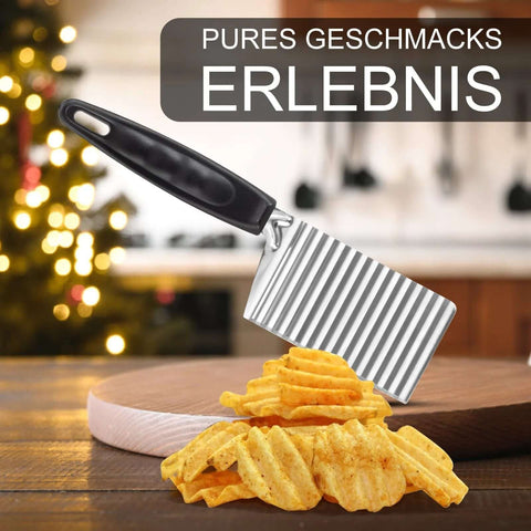Crinkle cutter with black handle and ridged stainless steel blade for slicing potatoes and vegetables