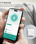 Person using a smartphone with Tuya SmartLife app displaying lock status, WiFi Gateway for Tuya Smart Door Locks Bluetooth Lock Remote Control Hub visible in corner.