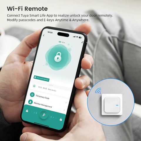 Person using a smartphone with Tuya SmartLife app displaying lock status, WiFi Gateway for Tuya Smart Door Locks Bluetooth Lock Remote Control Hub visible in corner.