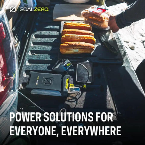 Venture 75 Portable Power Bank With 19200mAh Battery, 60W USB C Power Delivery, dual USB outputs, IP67 rating shown with hot dogs.