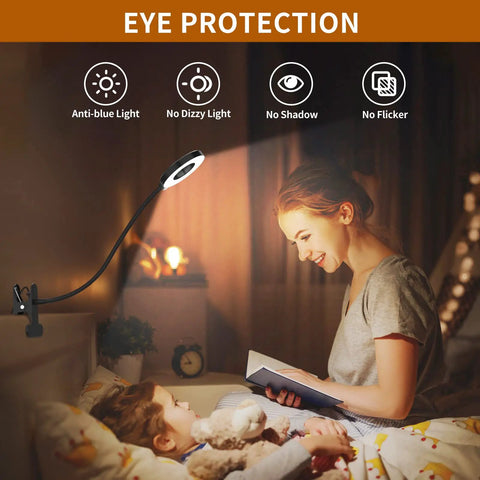 Clip On LED Desk Lamp With Flexible Arm 3 Color Modes And 10 Brightness Levels illuminating a child reading in bed